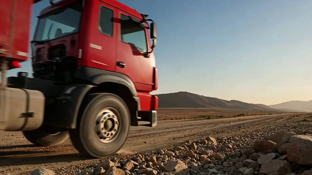 Red HOWO dump truck driving on a desert road